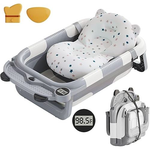 Collapsible Baby Bathtub for Newborn with Real-time Temp Monitor + Soft Floating Cushion Durable Foldable Baby Tubs for Infants to Toddler, Portable Travel Bathtub with Drain Hole Grey