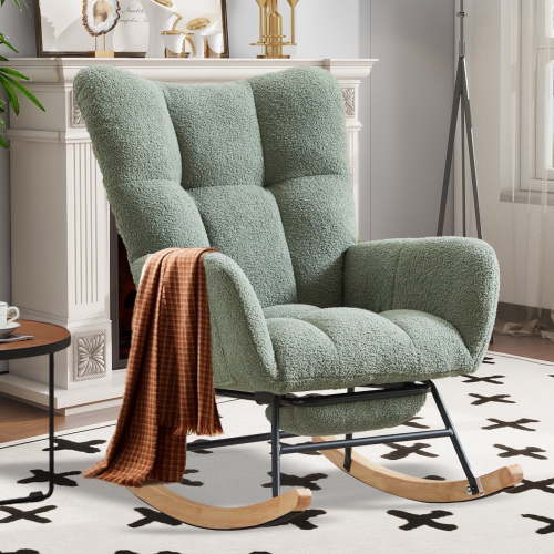 SENCHO GINSYTALIOR Rocking Chair Nursery with Foot Rest,Upholstered Glider Chair with High Backrest, Rocker Accent Armchair with Solid Wood Legs for Nursery Bedroom Living Room（Light Green）