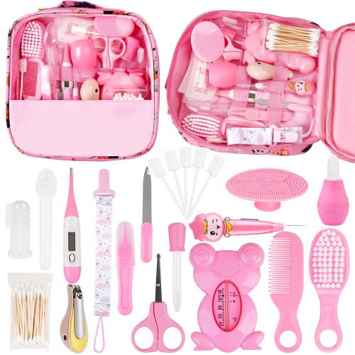 Baby Grooming Kit,BUSATIA 21 in 1 Infant Safety Care Set with Hair Brush Comb Nail Clipper Nasal Aspirator,Baby Essentials Kit for Newborn Girls Boys-Pink Baby Grooming kit