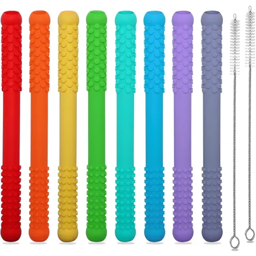 8 Pack Teething Straws Sticks for Babies, Hollow Teething Tubes for Infant Toddlers Nursing Biting Chewing, Silicone Baby Teethers 3-6 6-12 Months, Autism Chew Toys for Sensory Kids Teething Relief