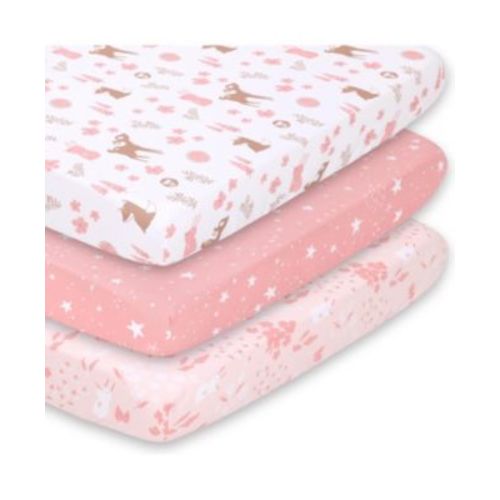 Woodland Floral 3-Pack Fitted Playard Sheets in Pink, Tan and White
