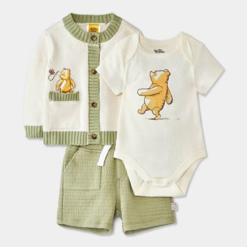 Baby Boys' 3pc Disney Winnie the Pooh Collection Bodysuit, Cardigan and Shorts Set - Green 3-6M