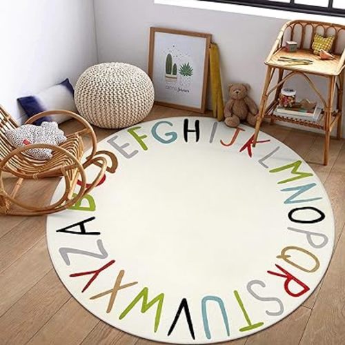 LIVEBOX ABC Play Room Round Kids Rug,Large Colorful Rug for Nursery, Rainbow Area Rug for Classroom, Circle Washable Rugs Educational Alphabet Carpet for Playroom Dorm Bedroom(71",Multi Color)