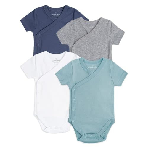 Baby Side Snap Bodysuit Set, 100% Cotton Boy Girl Unisex Kimono Onesie, 4 Pack