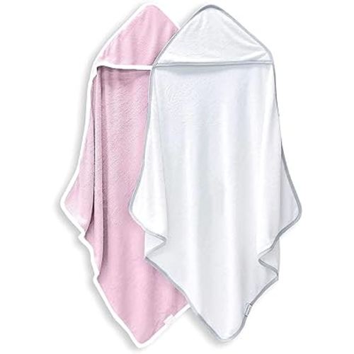 BAMBOO QUEEN 2 Pack Baby Bath Towel - Rayon Made from Bamboo, Ultra Absorbent - Ultra Soft Hooded Towels for Kids - X Large Size for 0-7 Yrs (White and Pink, 37.5 x 37.5 Inch)