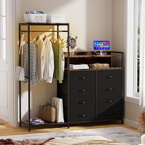 Clothes Rack with 8 Drawers & Hanging Rods,58" Wardrobe Closet Organizer with Charging Station &LED Lights,Storage Dresser for Hanging Clothes with 2 Hooks,Garment Rack for Bedroom,Small Closet(Black)