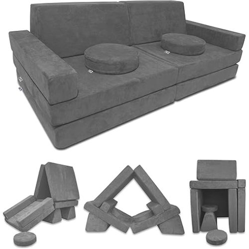 Mod Blox 10 Piece Soft Modular Kids Play Couch for Boys and Girls | Child Sectional Fort Building Sofa for Toddlers Playroom with Microsuede Covers + High Density Convertible Foam Cushions (Dark Gray)