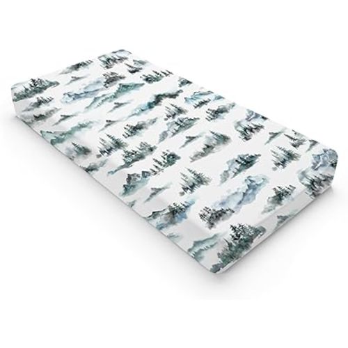 Watercolor Misty Forest Painting Baby Changing Pad Covers for Boy Girl 32''x16'' Woodland Mountain Foggy Fitted Diaper Changing Table Sheets Comfort Soft Breathable Nursery Changing Table Mats