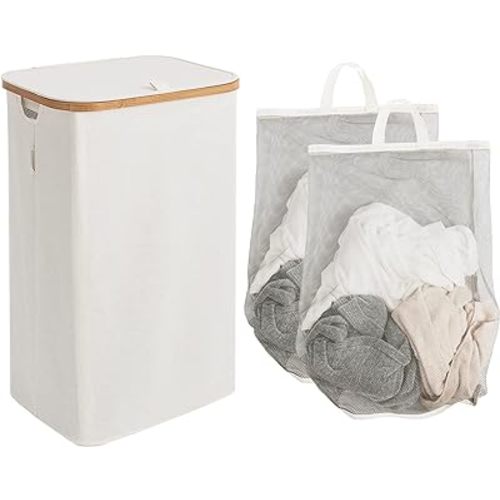 StorageWorks Large Laundry Hamper with Lid, 100L Tall Laundry Basket with Bamboo Handles and 2 Removable Inner Bag, Collapsible Laundry Hamper for Clothing, Toys, Towels, Beige, 1-Pack