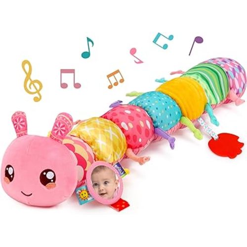 Baby Girls Toys 0-6 Month Music Animal Stuffed Caterpillar Toy for Infant 0-3 3-6 Months with Mirror Crinkle Rattle Tummy Time Sensory Toys for 3 4 5 6-12 Month Old Newborn Baby Shower Birthday Gifts