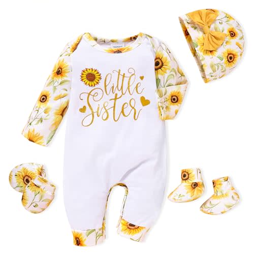 Sinhoon Newborn Baby Girl Romper Infant Letter Print Bodysuit Jumpsuit+Hat+Gloves+Socks 4Pcs Coming Home Clothes Outfit
