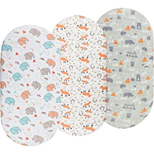 Onacosht Bassinet Sheets 3 Pack for Baby Boy, Soft Stretchy Universal Fitted Sheet Set for Oval Rectangle Hourglass Bassinet Mattress, Forest Fox Elephant Printing