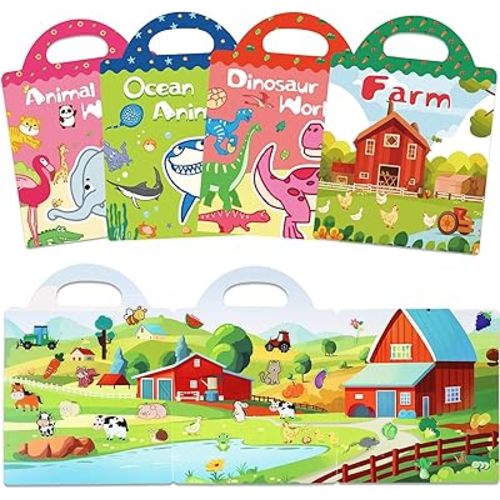 4 Sets Reusable Sticker Book for Kids, Thicker Sticker Book for Toddlers 2-4 Years, Cute Waterproof Toddler Activity Stickers Book for Teens Girls Boys- Farm, Animals, Dinosaur and Ocean Anima