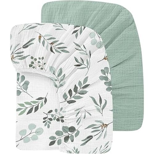 100% Organic Cotton 2 Pack 52x28 Inches Muslin Crib Sheets Fitted Crib Mattress Sheet for Baby Girls & Boys, Soft Boho Neutral Toddler Bed Sheets Fits Well Standard Size Crib Mattress 28x52 Inches