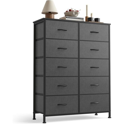 Sweetcrispy 10 Drawer Fabric Dresser Storage Tower with Bins, Tall Chest Organizer for Bedroom Closet Hallway, Steel Frame Wood Top Easy Pull Handles,Dark Gray