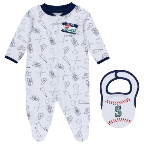 Newborn & Infant Seattle Mariners WEAR by Erin Andrews White Sleep & Play Full-Zip Footed Jumper with Bib