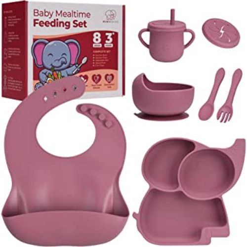 Mummentos Silicone Baby Feeding Set - Baby Led Weaning Supplies, Toddler  Utensils, Transition Sippy Cups with Straw, Baberos Para Bebe, Suction