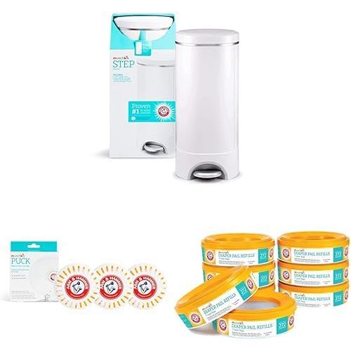 Munchkin® Step™ Diaper Pail Powered by Arm & Hammer, #1 in Odor Control, Award-Winning, Includes 1 Snap, Seal & Toss™ Bag, 8 Refill Rings, 1 Starter Refill Ring, and 4 Puck™ Baking Soda Cartridges