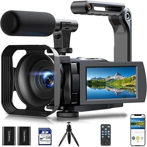 5K Video Camera Camcorder 56MP Wifi IR Night Vision Vlogging Camera, 16X Digital Zoom Touchscreen YouTubers Camera Recorder with Microphone, Lens Hood, Stabiliser, Remote Control, Tripod & 2 Batteries