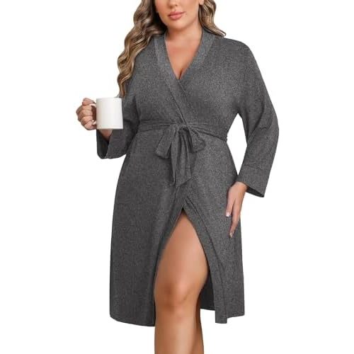 Women Plus Size Robe Knee Length Lightweight Bathrobe Short Kimono Robes with Pockets Maternity Robe