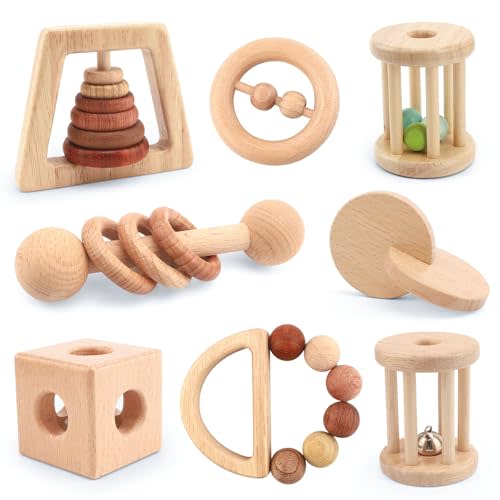 Wooden Baby Toys, 8PCS Wood Montessori Toys for Babies 18-36 Months, Wooden Baby Rattles Set for Grasping, Sensory Development and Cognitive Growth, Gift for Infant Girls Boys
