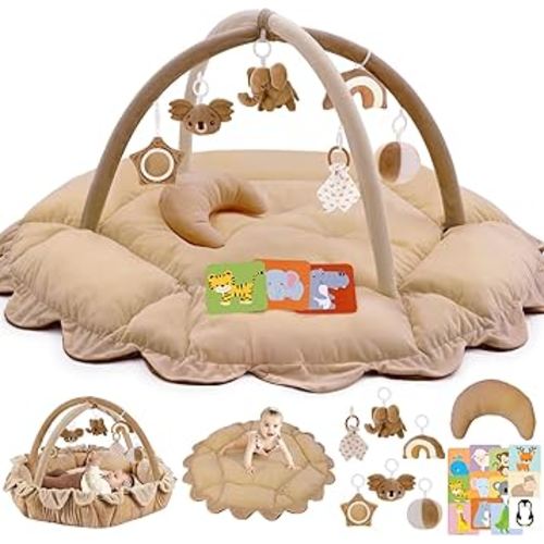 5-in-1 Plush Baby Play Gym, Activity Mat with Convertible Gym and Pillow, 6 Sensory Toys, Play Center from Newborn to Toddler, Brown