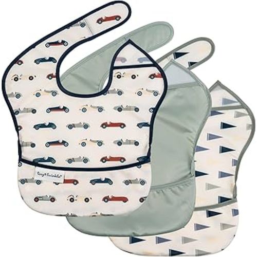 Tiny Twinkle Mess-Proof Baby Bibs for Eating | Waterproof, Wipeable Toddler Bibs with Catch-All Pocket | Feeding Bibs for Girls & Boys(3 Pack,Vintage Cars,Varsity Flags)