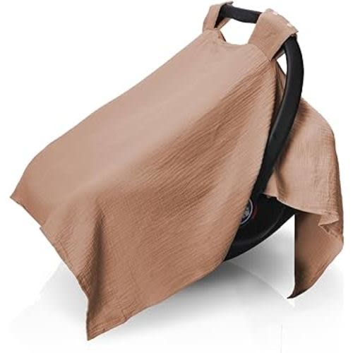 Muslin Baby Car Seat Cover 100% Organic Muslin Carseat Canopy Covers Breathable & Lightweight Infant Carseat Cover for Babies Boys and Girls (Brown)