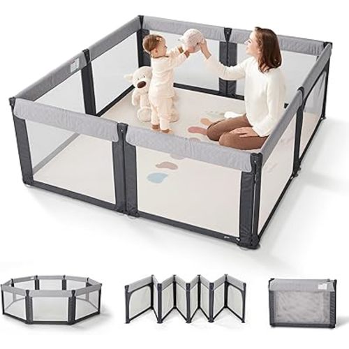 Sweeby Foldable Baby Playpen, 59x59 Playpens for Babies and Toddlers Extra Large Play Yard with Door Baby Fence with Zipper Door and Indoor & Outdoor Play Pen, Dark Grey