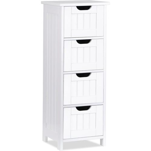 SUPER DEAL Small Bathroom Storage Cabinet with 4 Drawers, Freestanding Narrow Wooden Side Storage Organizer for Bathroom Hallway Living Room, White