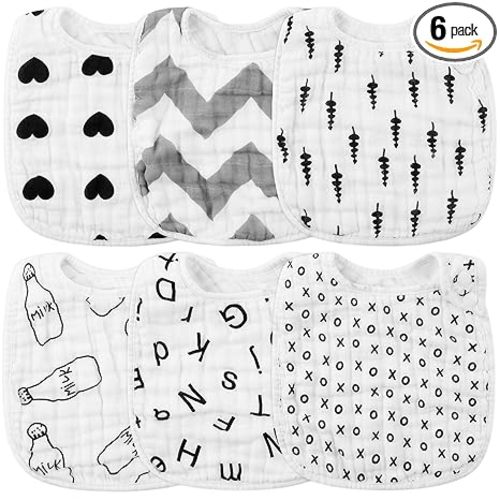 Zainpe 6Pcs Snap Muslin Cotton Bibs for Baby Love Heart Milk Letter Pattern Bib with 6 Absorbent Soft Layers, Machine Washable Burp Cloths for Infants Newborns Toddlers Drooling Feeding and Teething