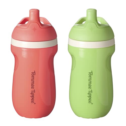 Tommee Tippee Insulated Sporty Spout Bottle, 9oz, No Spill Toddler Water Bottle For 12 months +, Two-Piece Valve Helps Stop Spills, Green and Red, 2 count