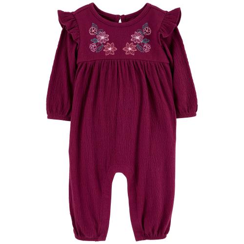 Baby Embroidered Floral Jumpsuit - Style,Burgundy