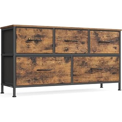 SONGMICS Dresser for Bedroom, Chest of Drawers, Steel, MDF, 5 Non-Woven Fabric Drawers, Storage Organizer Unit, Closet, Entryway, Rustic Brown and Ink Black ULGS322B02S