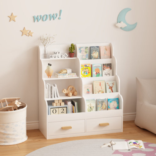 Latitude Run® 2-Drawer Kids Bookcase, Front-Facing Children's Bookshelf with Storage, Multi-Tier Toy Organizer & Reading Shelf for Toddler, Nursery, Playroom, and Bedroom | Wayfair