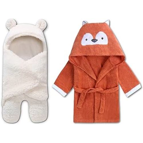 BlueMello Baby Swaddle Blanket & Fox Bathrobe Bundle | Ultra-Soft Plush Essential for Infants 0-6 Months | Ideal Newborn Registry and Toddler Boy Accessories| Perfect Baby Girl Shower Gift