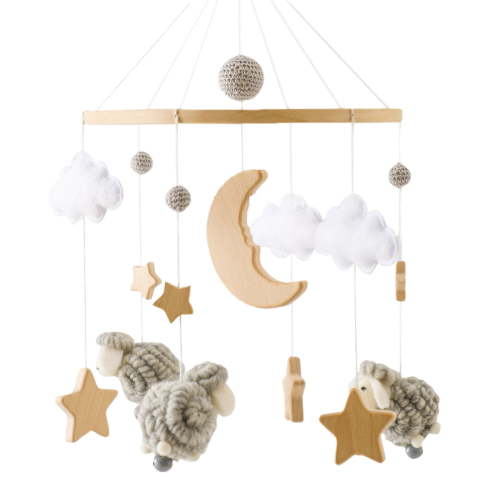 Hangs Baby Crib Mobile Boho Nursery with Clouds Moon Pendant Toy Wooden Wind Chime Bed Mobile for Boys and Girls