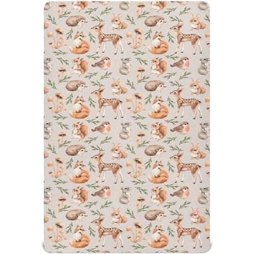 Squirrel Fox Bunny Hedgehog Forest Animals Mushrooms Fitted Crib Sheets Stretchy Portable Playard Sheets for Baby Toddler, Breathable Soft Mini Crib Mattress 52 x 28 in for Boys and Girls