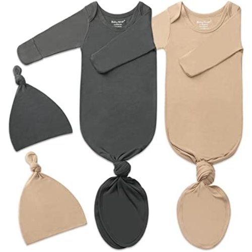 2Pack Knotted Gown Baby, Super Soft Long Sleeve Newborn Hospital Outfit Boy Girl Coming Home, Built-In Mittens Clothes