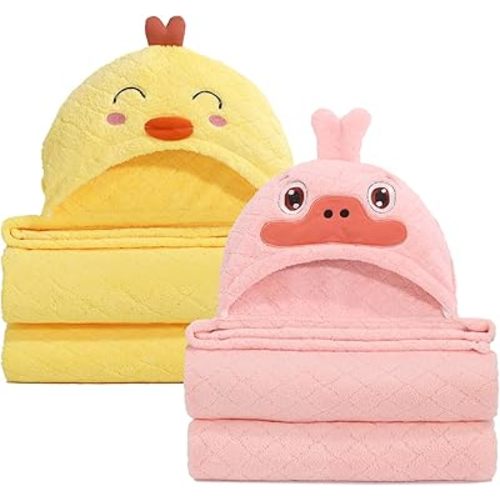 Baby Bath Towels with Hood,2 Pack Animal Hooded Towel for Toddlers Kids, Premium Coral Fleece Ultra Absorbent for Cozy and Warm-Bath Essential(32 x 50 Inch, L x W),Yellow Chick & Pink Duck