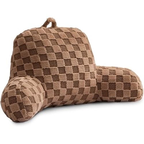 Holawakaka Checkered Reading Pillow with Arms, Adults Backrest Reading & Rest Pillows for Sitting Up in Bed, Bed Rest, Lounging, Working, Arms Back Support Cushion for Men Women Teens,Khaki