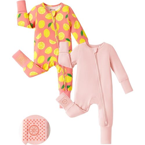 PATPAT Baby Footie Romper, Viscose from Bamboo, Long Sleeve, 2-Way Zipper, Fold-Over Mittens, Cuffs & Anti-Slip Grips