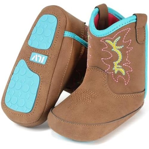 IUV Baby Boy Cowboy Boots Soft Bottom Infant Newborn Cowgirl Boots Non-Slip Booties Cozy Easy to Put on