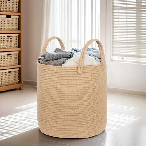 PinkSheep Laundry Basket, Collapsible Woven Cotton Rope Laundry Hamper Storage Baskets with Handles, Khaki