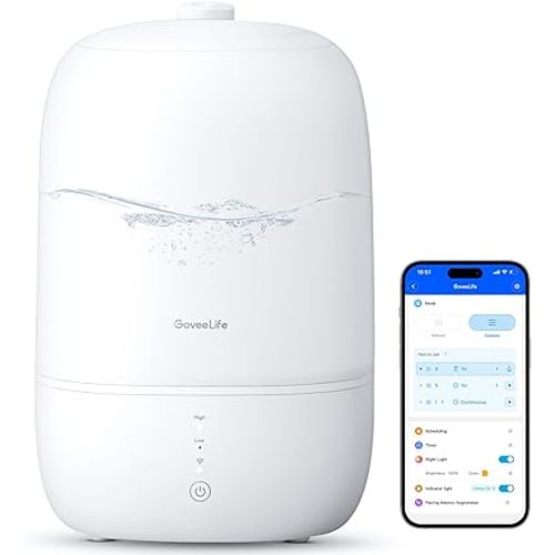 GoveeLife Smart 3L Humidifiers for Bedroom, Top Fill Cool Mist with Essential Oil Diffuser, Humidity Control, WiFi Air Humidifier with Night Light, 360° Nozzle, for Baby, Plants, Home, Work with Alexa