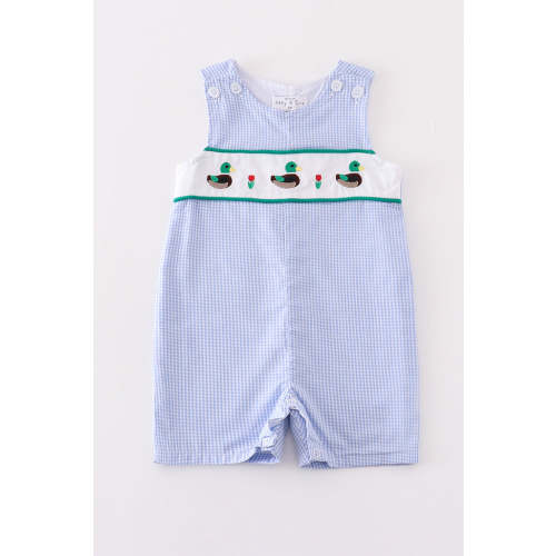 Baby Boy Blue Duck Embroidered Gingham Jon Jon | 100% Cotton