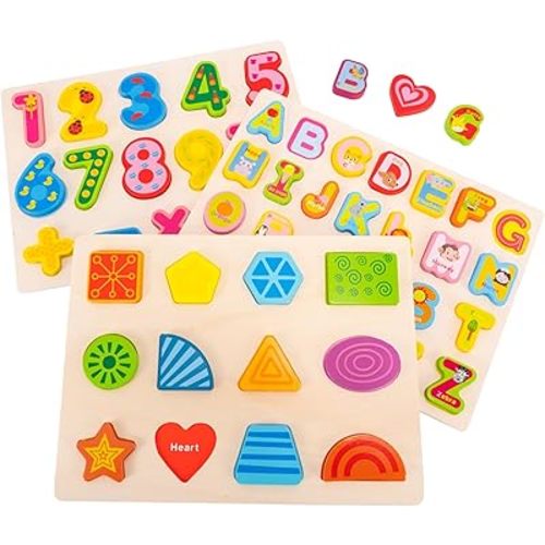 Wooden Alphabet Number Shape Learning Puzzles for Toddlers, 3 in 1 ABC Letter Puzzle Board Set for Kids Ages 3-5 Educational Alphabet Learning Toys for Preschoolers Boys Girls Gifts