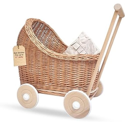 Wiklibox Natural Rattan Doll Stroller - Hand Made in Europe - Fits 17" Dolls & Plush Toys - Wicker Doll Pram & Baby Walker - Perfect for Imaginative Play | Natural with White Waffle Fabric Bedding
