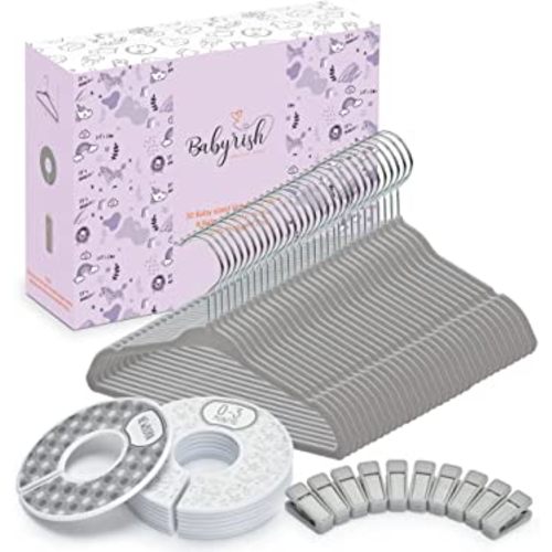 Babyrish Velvet Baby Hangers 30 Pack, Ultra Thin Nonslip Nursery Clothes Hangers with 8pcs Cute Clothing Dividers and 10pcs Hanger Clips for Baby Boys & Girls Closet Organizer, Grey Kids Hangers