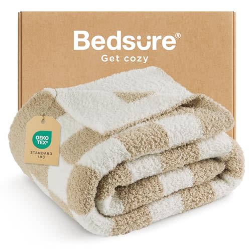 Bedsure Checkered Throw Blanket for Couch - Super Soft, Cozy & Warm Knit Blanket, Breathable, Lightweight & Fluffy for Bed & Sofa, Checkered Beige, 50x60 Inches